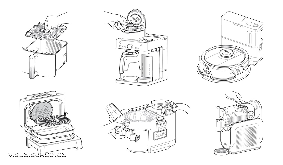 Six different appliance technical illustrations